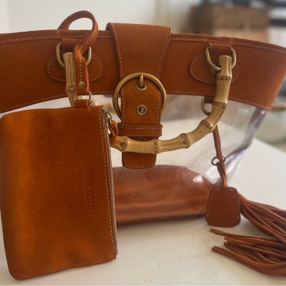 Miu Miu Clear PVC Tote with Orange Suede Trim and Bamboo Handles - Picture 9 of 14
